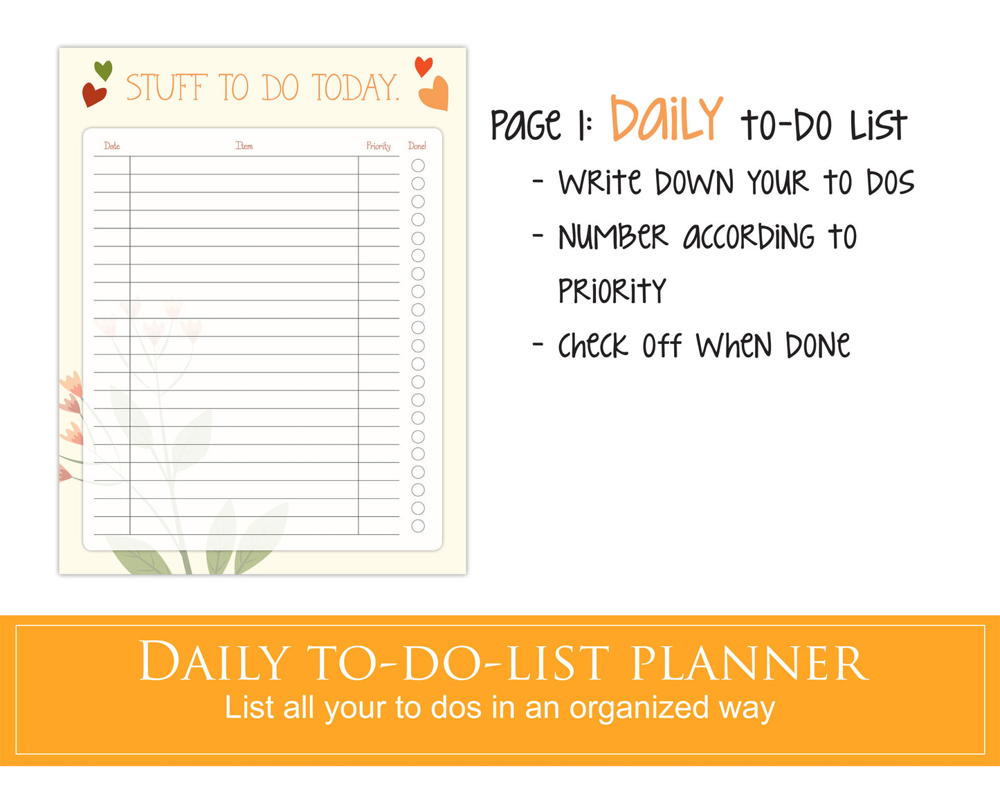 Daily, weekly, monthly to-do lists plus bonus meal planner