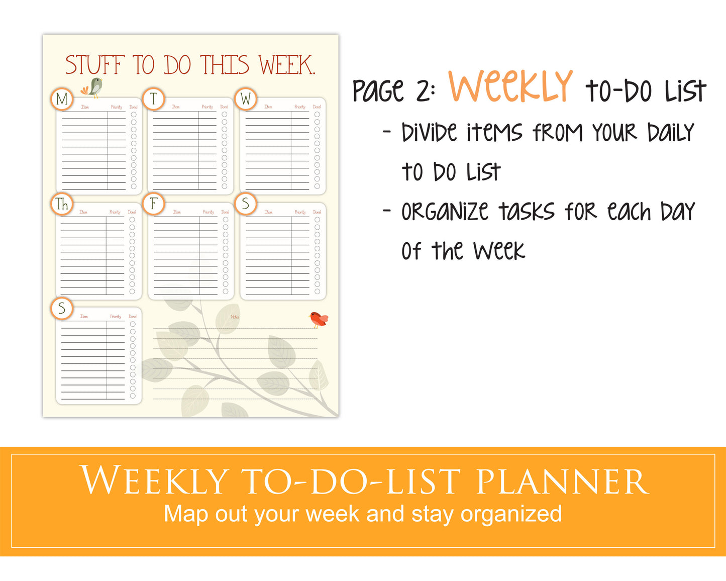 Daily, weekly, monthly to-do lists plus bonus meal planner
