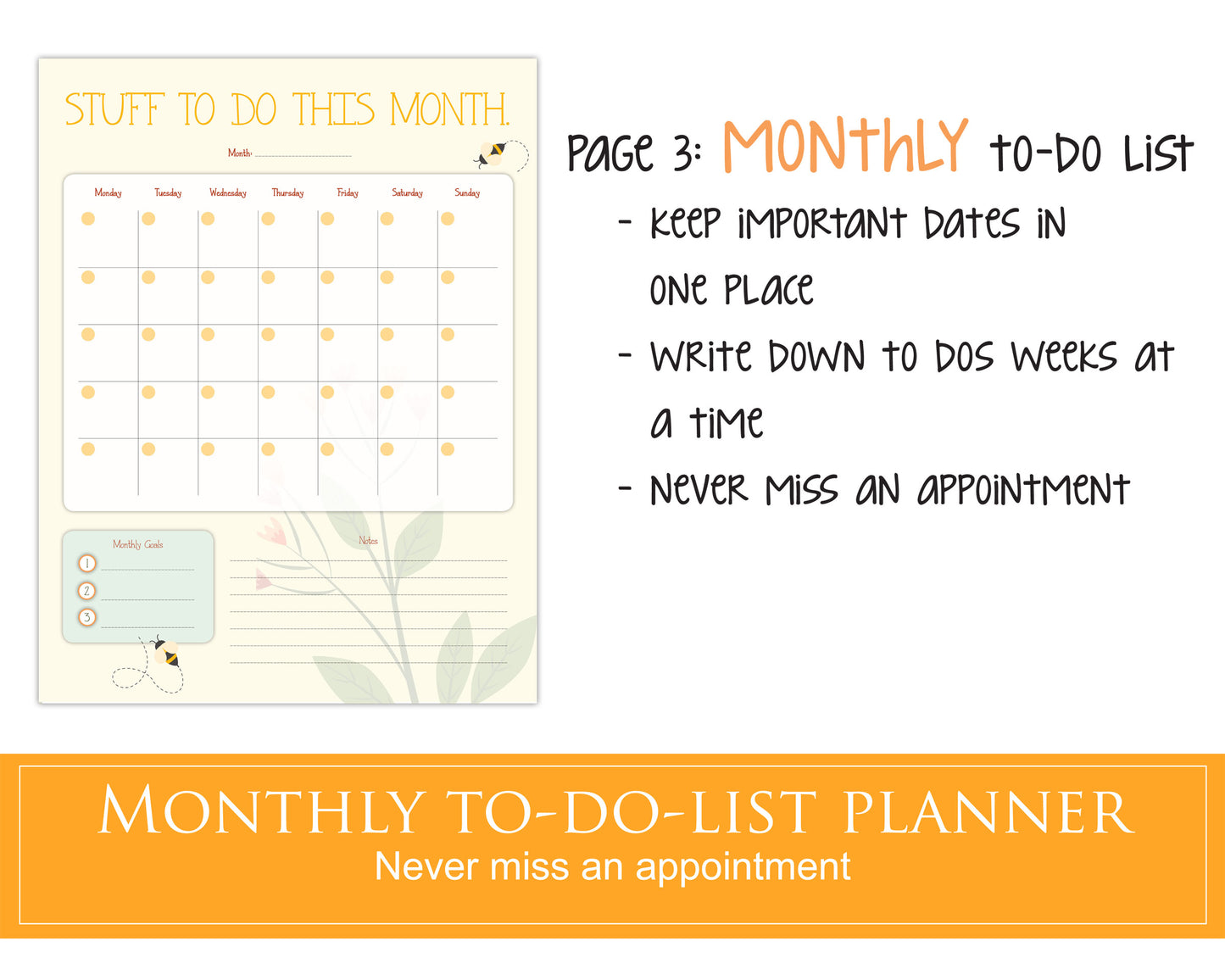 Daily, weekly, monthly to-do lists plus bonus meal planner