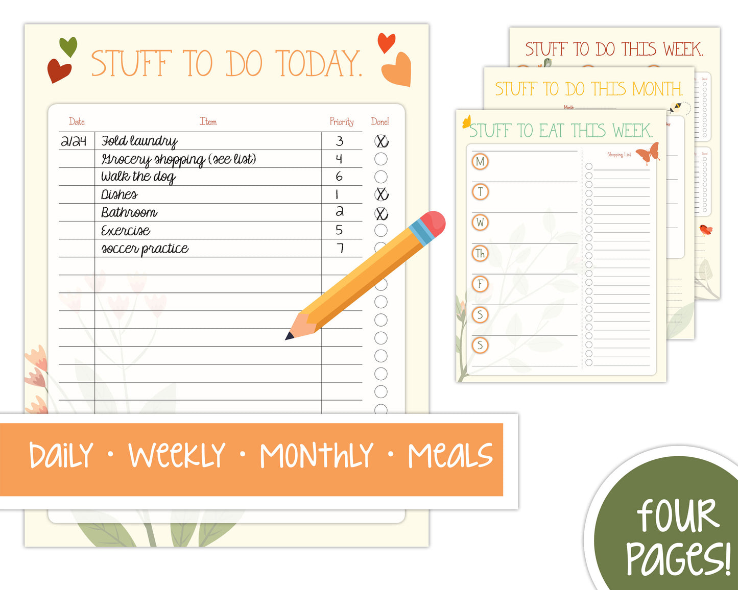 Daily, weekly, monthly to-do lists plus bonus meal planner