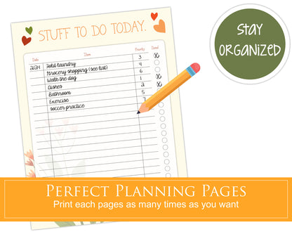 Daily, weekly, monthly to-do lists plus bonus meal planner